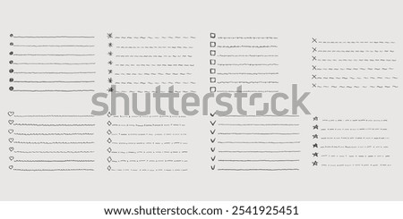 Collection of vector isolated outline hand drawn check to do list, bullet, check mark and check box in a doodle sketch cartoon style. Set of paper note with task plan.