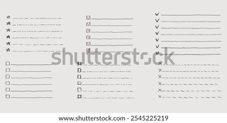 Collection of vector isolated outline hand drawn check to do list, bullet, check mark and check box in a doodle sketch cartoon style. Set of paper note with task plan.