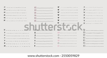 Collection of vector isolated outline hand drawn check to do list, bullet, check mark and check box in a doodle sketch cartoon style. Set of paper note with task plan.