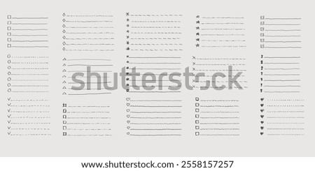 Collection of vector isolated outline hand drawn check to do list, bullet, check mark and check box in a doodle sketch cartoon style. Set of paper note with task plan.