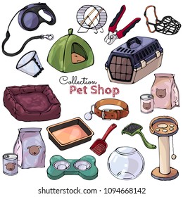 Collection of vector isolated realistic images of accessories for pets. Set of items for animal care. Assortment of goods for the pet shop.