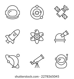 Kollektion von Vektorschildern einzeln im Linienstil. Bearbeitbarer Strich. Symbole des Astronauten, Universums, Raumfahrzeuge, einzelne Atom, Sternwarte, Planet, Teleskop 