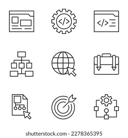 Colección de signos vectoriales aislados dibujados en estilo de línea. Trazo editable. Iconos del sitio web, equipo, mapa, internet, maleta, codificación, destino, programación 