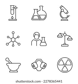 Collection of vector isolated signs drawn in line style. Editable stroke. Icons of laboratory experiment, bulbs, microscope, chemical compound, chemist, scales, mortar and pestle 