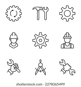 Colección de signos vectoriales aislados dibujados en estilo de línea. Trazo editable. Iconos de rueda cognitiva, spanner, llave, brújula, obrero de la construcción