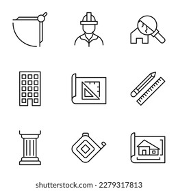 Collection of vector isolated signs drawn in line style. Editable stroke. Icons of compass, builder, construction, column, measure tape