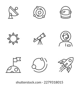 Collection of vector isolated signs drawn in line style. Editable stroke. Icons of satellite dish, cosmos, space, astronaut, The Moon, spacecraft, spaceship 