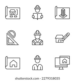 Collection of vector isolated signs drawn in line style. Editable stroke. Icons of private house, construction worker, office, plan, building, renovation 