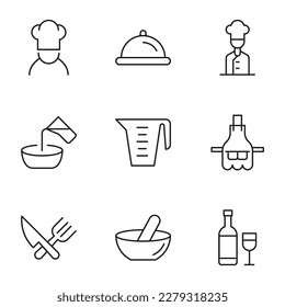 Collection of vector isolated signs drawn in line style. Editable stroke. Icons of chef, bowl with cloche, vase for measure, apron, mortar and pestle