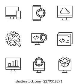 Colección de signos vectoriales aislados dibujados en estilo de línea. Trazo editable. Iconos de computadora, smartphone, equipo, tienda en la nube, codificación, programación, compras en línea 