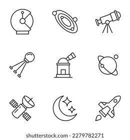 Colección de signos vectoriales aislados dibujados en estilo de línea. Trazo editable. Iconos de astronauta, planetas, telescopio, satélite, planeta, Luna, naves espaciales 