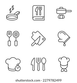 Collection of vector isolated signs drawn in line style. Editable stroke. Icons of frying pan, recipe book, spoon, mitten, knife, cutting board, chef, cook 