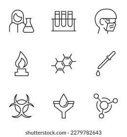 Collection of vector isolated signs drawn in line style. Editable stroke. Icons of female chemist, lab bulbs, fire, chemical compound, pipette, hazard sign, funnel 