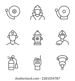 Collection of vector isolated signs drawn in line style. Editable stroke. Icons of fire alarm, fireman, radio, protective mask, extinguisher 