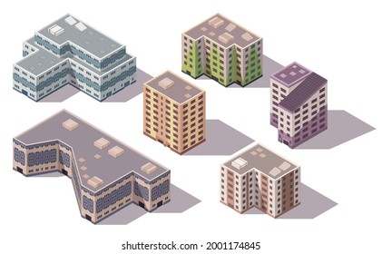 Collection of vector isometric high rise buildings and street elements with place for parking. City or town map construction elements. Icons representing multi story building. Houses, homes or offices