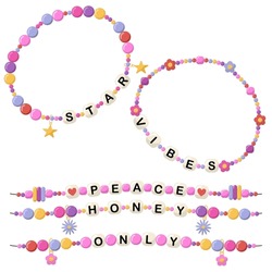 Collection Of Vector Jewelry And Children's Ornaments. Bracelet Made Of Handmade Plastic Beads. Set Of Bright Colorful Braided Bracelets With Words From The Letters Star, Vibes, Peace, Honey, Only.