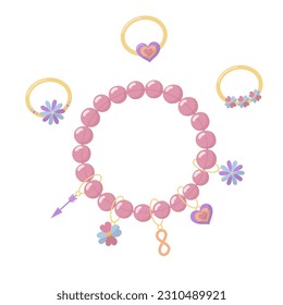 Collection of vector jewelry and children's ornaments. Bracelet made of handmade plastic beads with flower pendants, a heart and an arrow, a sign of infinity. Summer fashion colorful rings.