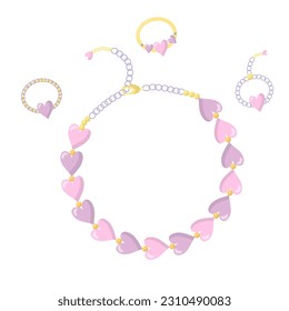 Collection of vector jewelry and children's ornaments. Bracelet made of handmade plastic beads with beads in the form of hearts and a chain. Summer colorful rings with hearts in cartoon style.