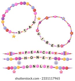 Collection of vector jewelry and children's ornaments. Bracelet made of handmade plastic beads. Set of bright colorful braided bracelets with words from the letters star, vibes, peace, honey, only.