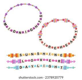 Collection of vector jewelry, children's ornaments. Bracelet of handmade plastic beads. Set of bright colorful braided bracelets with letters from words midnights, fireheart, sunshine, lover, daylight
