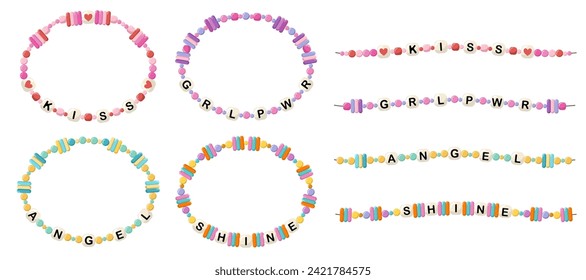 Collection of vector jewelry, children's ornaments. Bracelet of handmade plastic beads. Set of bright colorful braided bracelets with letters from words girl power, angel, kiss, shine.