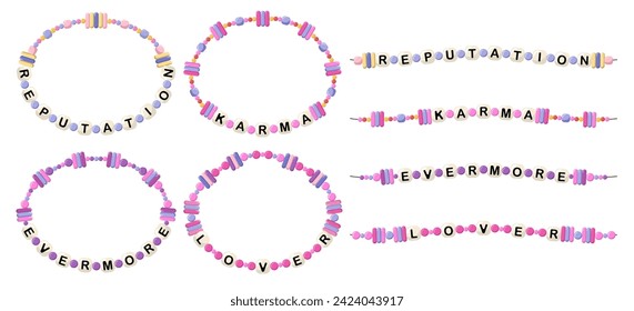 Collection of vector jewelry, children's ornaments. Bracelet of handmade plastic beads. Set of bright colorful braided bracelets with letters from words reputation, karma, evermore, lover.