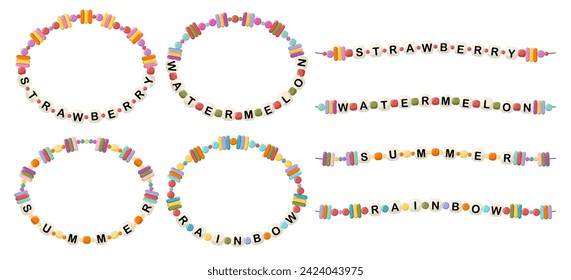 Colección de joyas vectoriales, ornamentos para niños. Pulsera de perlas de plástico hechas a mano. Juego de pulseras trenzadas de colores vivos con letras de las palabras fresa, sandía, verano, arcoiris.