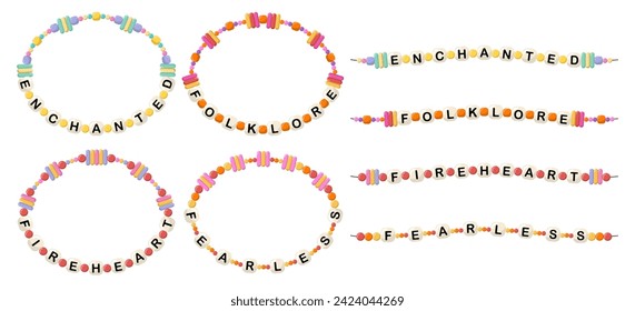 Collection of vector jewelry, children's ornaments. Bracelet of handmade plastic beads. Set of bright colorful braided bracelets with letters from words enchanted, folklore, fireheart, fearless.