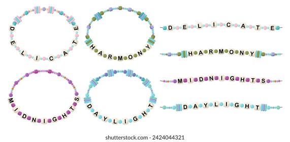 Collection of vector jewelry, children's ornaments. Bracelet of handmade plastic beads. Set of bright colorful braided bracelets with letters from words delicate, harmony, midnight, daylight.