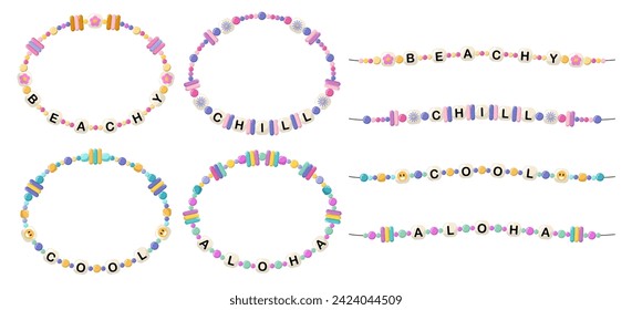 Collection of vector jewelry, children's ornaments. Bracelet of handmade plastic beads. Set of bright colorful braided bracelets with letters from words beachy, chill, cool, aloha.