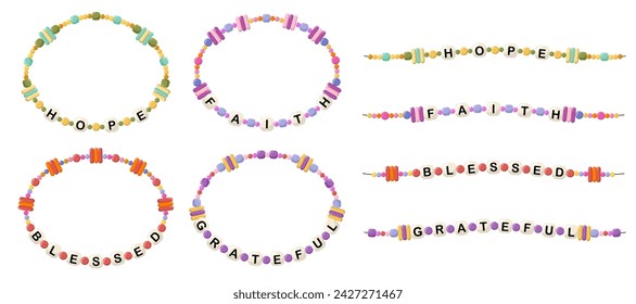 Collection of vector jewelry, children's ornaments. Bracelet of handmade plastic beads. Set of bright colorful braided bracelets with letters from words hope, faith, blessed, grateful.