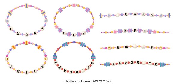 Collection of vector jewelry, children's ornaments. Bracelet of handmade plastic beads. Set of bright colorful braided bracelets with letters from words lucky, bff, smile, favorite