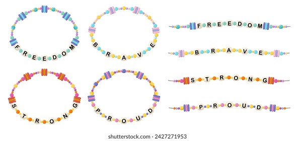 Collection of vector jewelry, children's ornaments. Bracelet of handmade plastic beads. Set of bright colorful braided bracelets with letters from words freedom, brave, strong, proud.