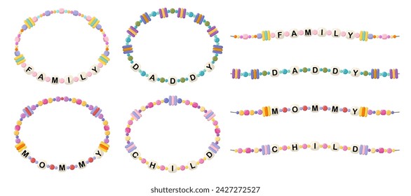 Colección de joyas vectoriales, adornos para niños. Pulsera de cuentas de plástico hechas a mano. Conjunto de pulseras trenzadas de colores brillantes con letras de las palabras familia, papá, mamá, niño