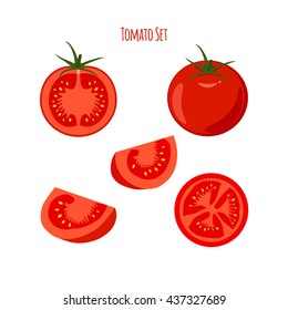 Collection of vector juicy tomatoes and slices.
