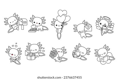 Collection of Vector Kawaii Axolotl Coloring Page in Love. Set of Isolated Cartoon Baby Axolotl Outline. Cute Vector Animals in Love Coloring Page. 