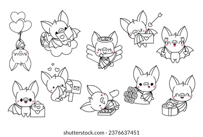 Colección de Vector Kawaii Bat Coloring Page in Love. Conjunto de esquema de murciélago de bebé de dibujos aislados. Cute Vector Animals in Love Coloring Page. 