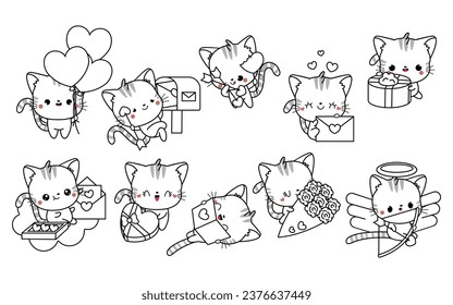 Colección de Vector Kawaii página de colorear gatos en el amor. Conjunto de esquemas aislados de animales de bebé de dibujos animados. Cute Vector Kitten en la página de Amor Colorando. 