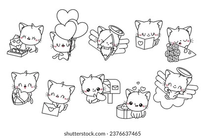 Colección de Vector Kawaii página de colorear gatos en el amor. Conjunto de esquemas aislados de animales de bebé de dibujos animados. Cute Vector Kitten en la página de Amor Colorando. 