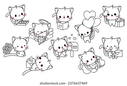 Colección de Vector Kawaii página de colorear gatos en el amor. Conjunto de esquemas aislados de animales de bebé de dibujos animados. Cute Vector Kitten en la página de Amor Colorando. 