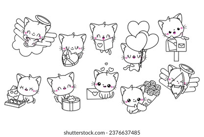 Collection of Vector Kawaii Cat Coloring Page in Love. Set of Isolated Cartoon Baby Animal Outline. Cute Vector Kitten in Love Coloring Page. 
