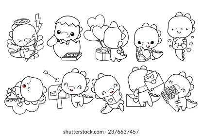 Collection of Vector Kawaii Dino Coloring Page in Love. Set of Isolated Cartoon Baby Dino Outline. Cute Vector Dinosaurs in Love Coloring Page. 