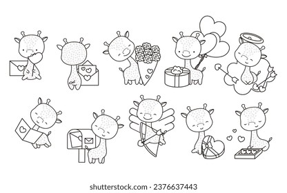 Collection of Vector Kawaii Giraffe Coloring Page in Love. Set of Isolated Cartoon Baby Giraffe Outline. Cute Vector Animals in Love Coloring Page. 