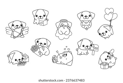 Collection of Vector Kawaii Pug Dog Coloring Page in Love. Set of Isolated Cartoon Baby Dog Outline. Cute Vector Puppy in Love Coloring Page. 