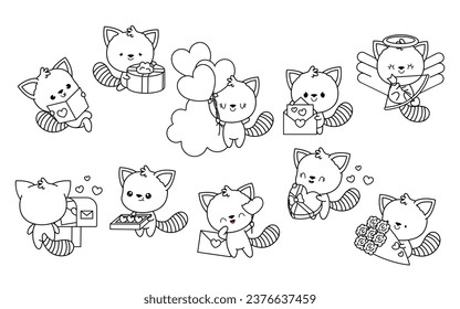 Collection of Vector Kawaii Red Panda Coloring Page in Love. Set of Isolated Cartoon Baby Red Panda Outline. Cute Vector Animals in Love Coloring Page. 