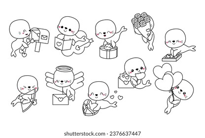 Collection of Vector Kawaii Seal Coloring Page in Love. Set of Isolated Cartoon Baby Seal Outline. Cute Vector Animals in Love Coloring Page. 