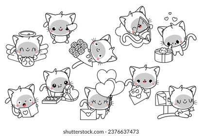 Colección de Vector Kawaii Siamese Cat Coloring Page in Love. Conjunto de esquema de gato de bebé de dibujos aislados. Cute Vector Animals in Love Coloring Page. 