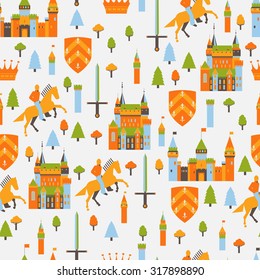 Collection of vector kingdom patterns. Flat style vector fairy tale fantasy kingdom icon seamless background texture.