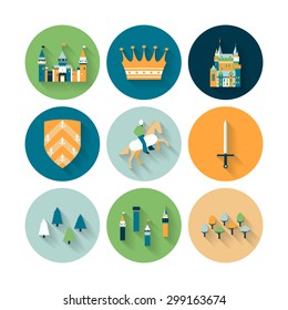 Collection of vector kingdom patterns. Set of long shadow flat style vector fairy tale fantasy kingdom icon templates.