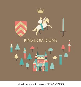 Collection of vector kingdom patterns. Set of flat style vector fairy tale fantasy kingdom icon templates. Cavalier man icon surrounded by forest. castles and armor.